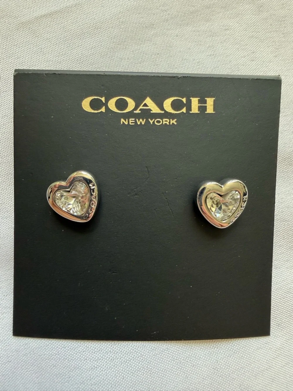 Coach Heart Crystal Stud Earrings Silver Tone Logo Romantic Gift - Picture 2 of 7